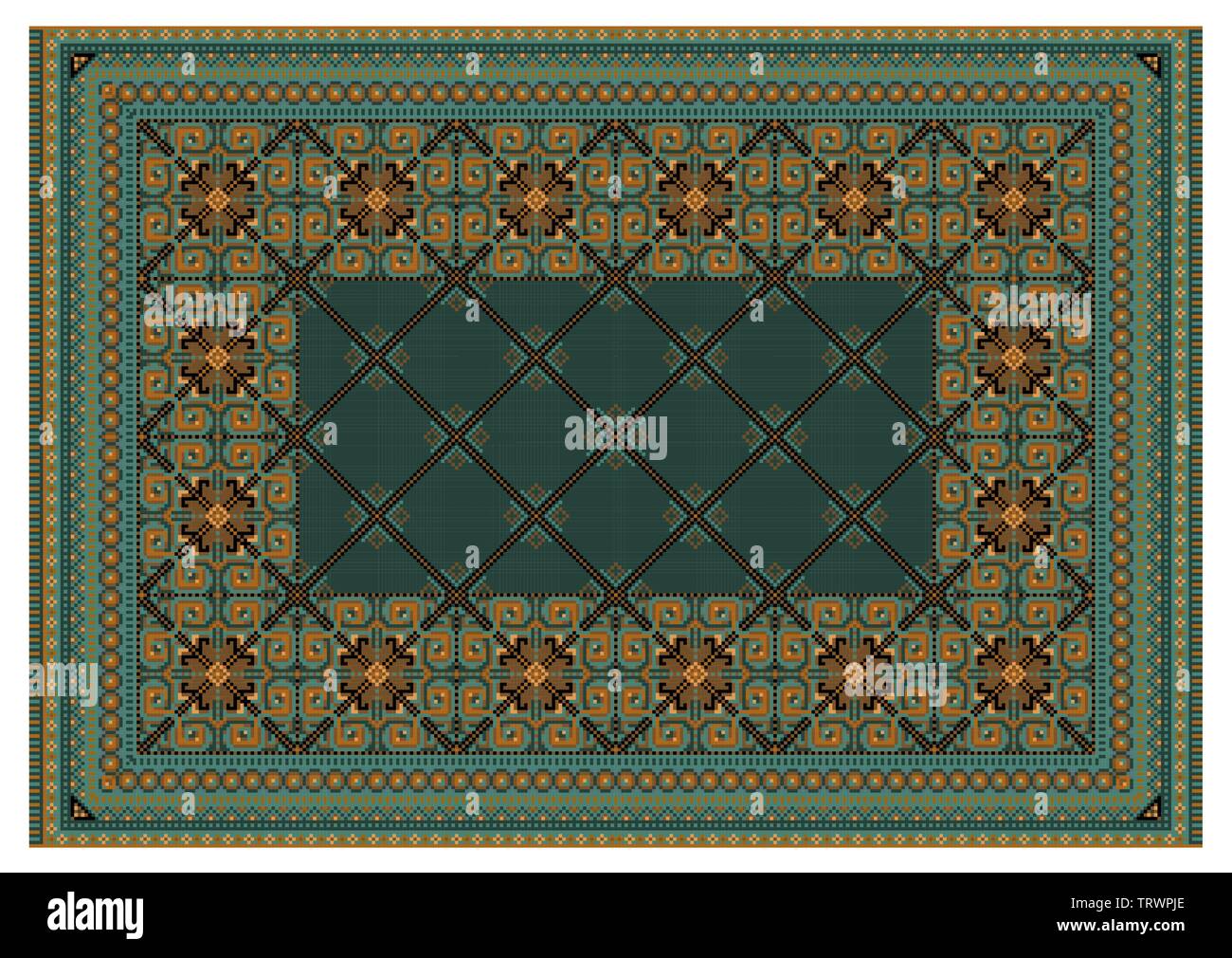 Tapis dans des tons vert et jaune avec motifs marron et noir et marron avec l'intersection de la ligne dans le centre Illustration de Vecteur