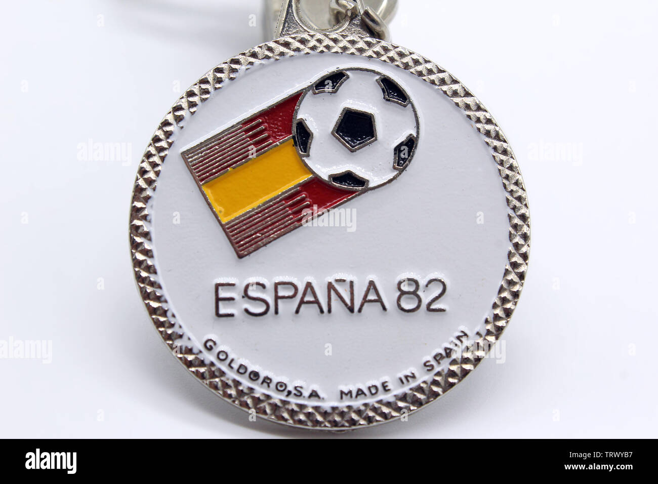 Souvenir de médaille de soccer-football - Coupe du Monde Espagne 1982, isolé sur un fond blanc, close-up Banque D'Images