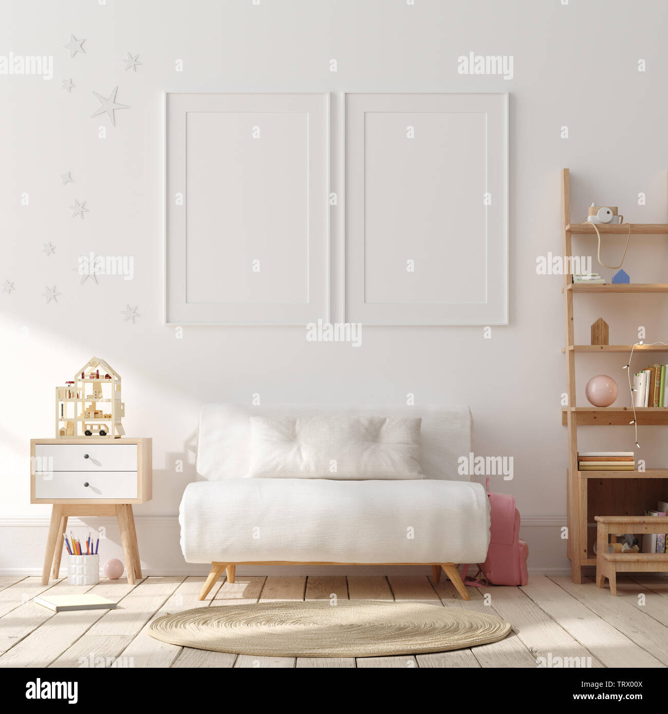 Maquette affiche, mur en arrière-plan, de l'intérieur chambre à coucher les enfants de style scandinave, 3D render Banque D'Images
