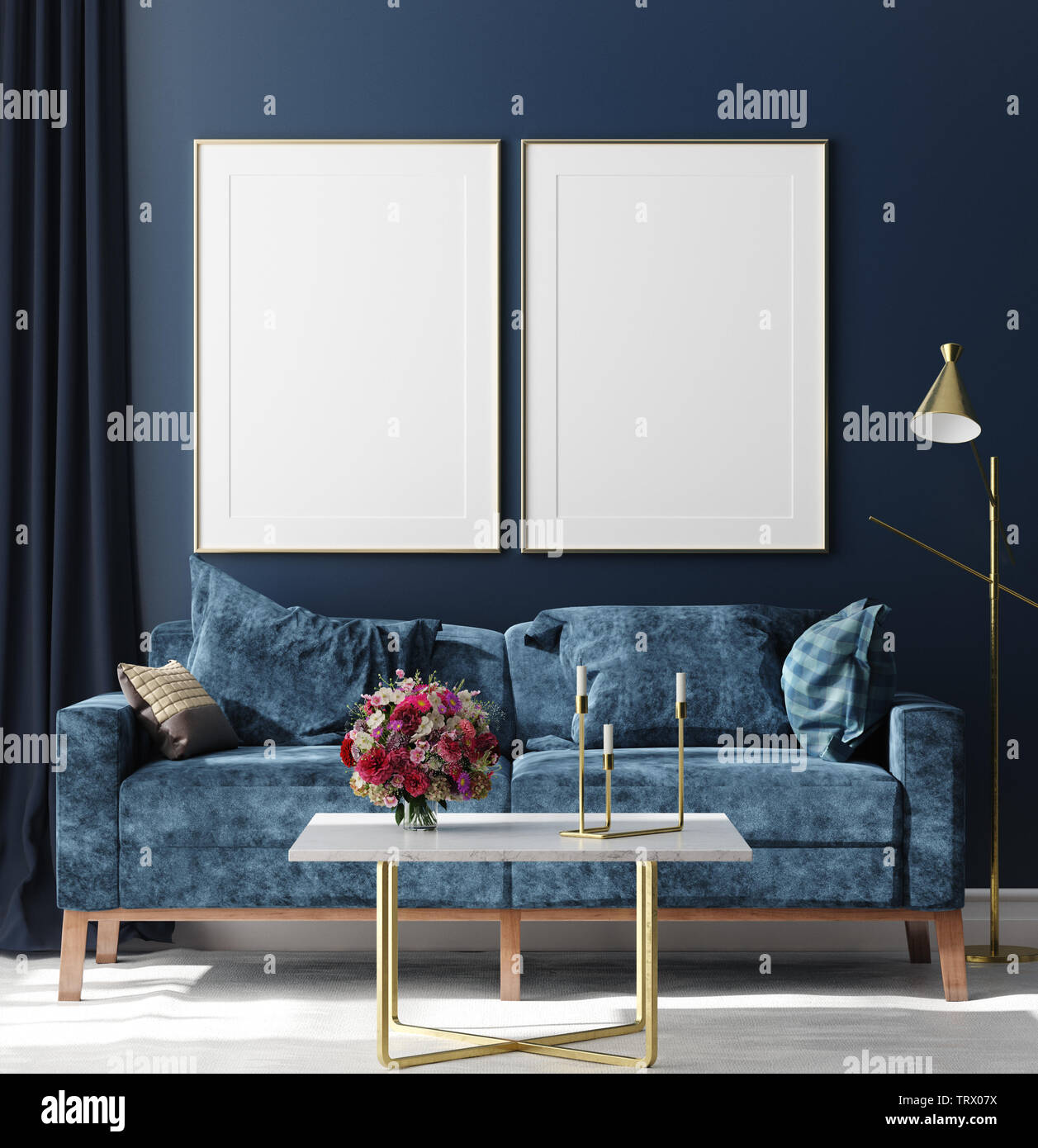 La maquette de l'affiche en arrière-plan, l'intérieur hipster chambre bleu foncé avec bouquet sur table, de rendu 3D Banque D'Images