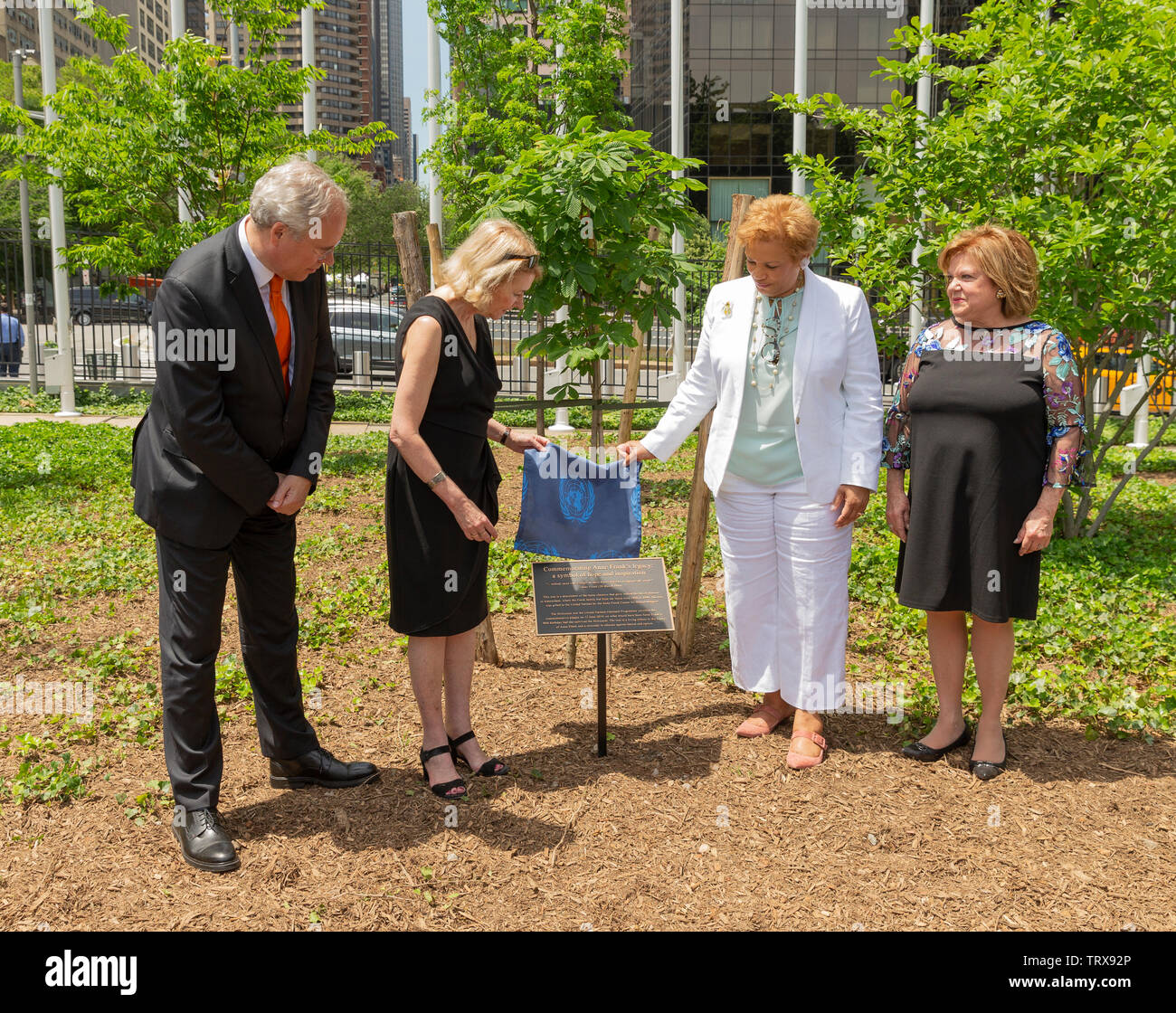 New York, NY - 12 juin 2019 : Cérémonie d'un jeune arbre pour commémorer l'héritage de Anne Frank et les six millions de tués pendant l'Holocauste au Siège de l'ONU Banque D'Images