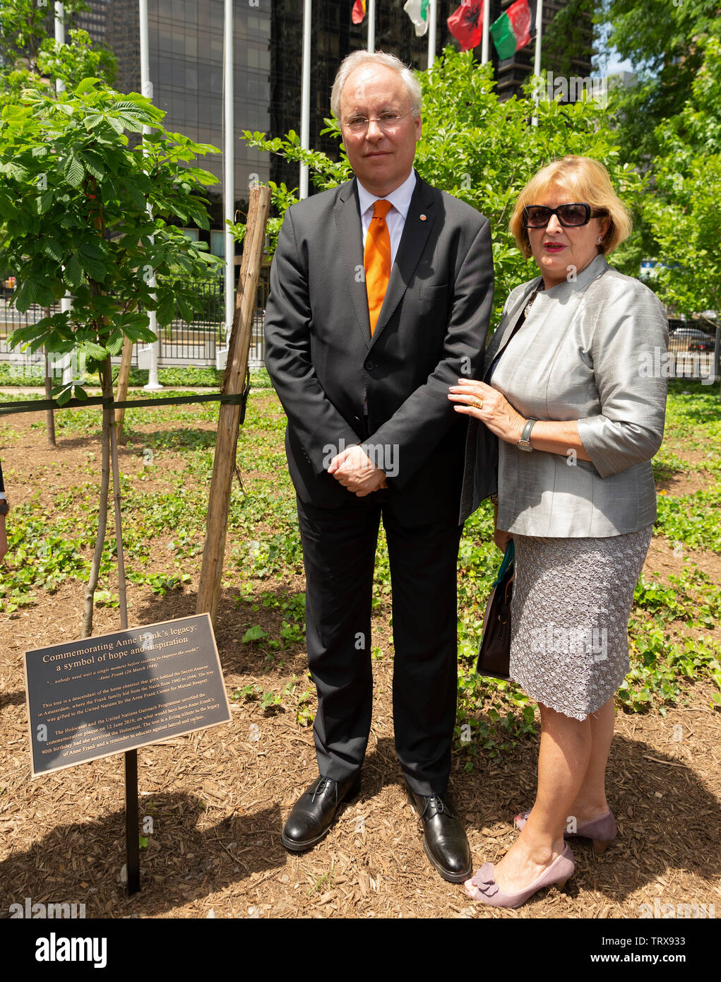 New York, NY - 12 juin 2019 : Karel Jan Gustaaf Van Oosterom & chambres d'assister à la cérémonie de dédicace d'un jeune arbre pour commémorer l'héritage de Anne Frank et les six millions de tués pendant l'Holocauste au Siège de l'ONU Banque D'Images