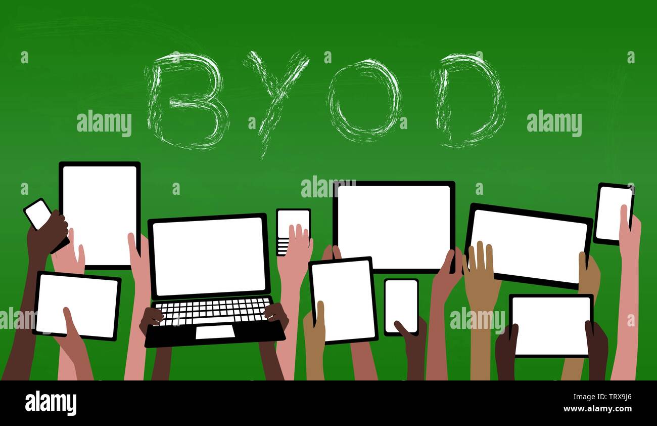 Concept BYOD Apportez votre propre appareil enfants hands holding ordinateur Tablet et smartphone par tableau vert avec texte SPE10 Objets groupés Illustration de Vecteur