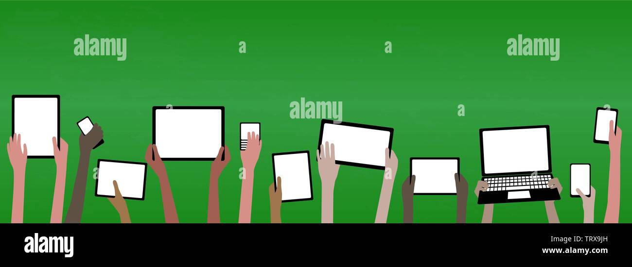 Bannière Concept BYOD Apportez votre propre appareil enfants hands holding ordinateur Tablet et smartphone par Green Chalkboard with copy space EPS10 Grou Illustration de Vecteur