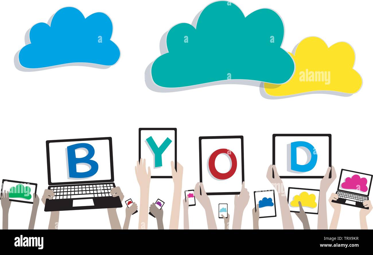 Apportez votre propre appareil BYOD Cloud Computing Banner - Mains d'enfants avec les ordinateurs et tablettes Illustration de Vecteur