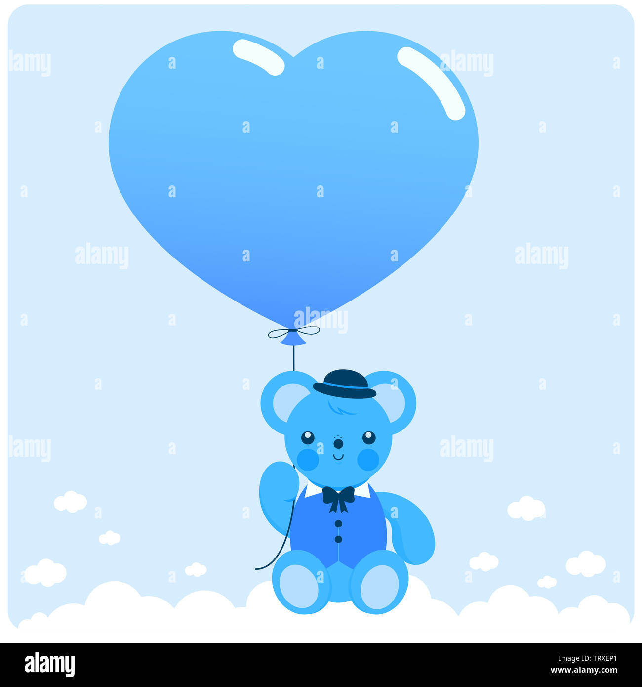 Mignon bébé garçon ours en peluche volant dans le ciel tenant un ballon en forme de coeur. Ours en peluche bleu et ballon. Fête de douche de bébé. Banque D'Images