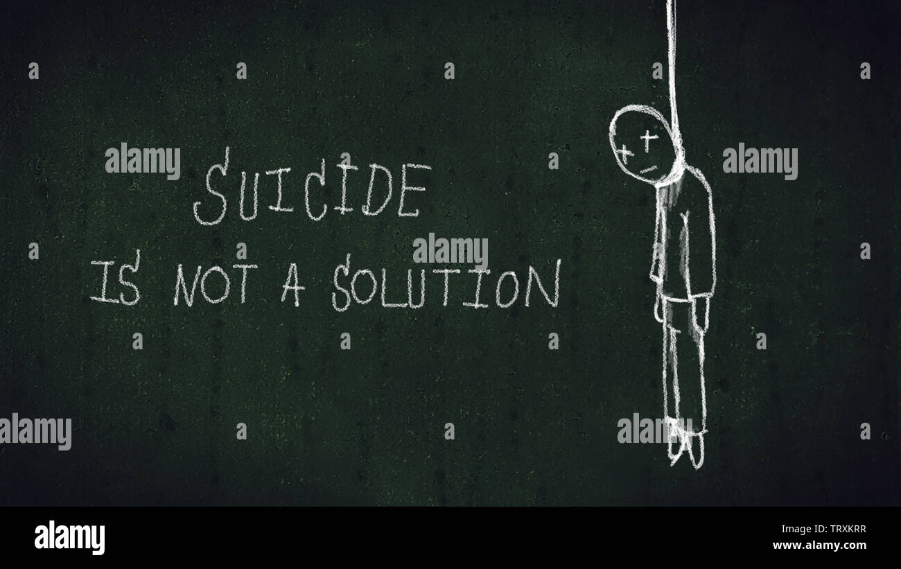 Mot "suicide n'est pas une solution" avec des illustrations de l'homme suspendu avec une corde on chalkboard Banque D'Images