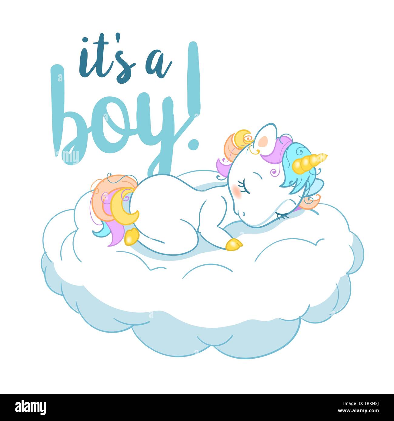 Magic unicorn cute cartoon style calligraphique dans avec insigne c'est un garçon. Unicorn Doodle de dormir sur un nuage. Vector illustration pour cartes, posters Illustration de Vecteur