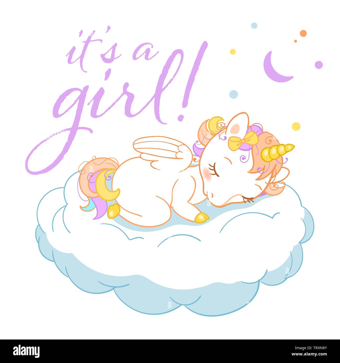 Magic unicorn cute cartoon style calligraphique dans avec insigne c'est une fille. Unicorn Doodle de dormir sur un nuage. Vector illustration pour cartes, posters Illustration de Vecteur