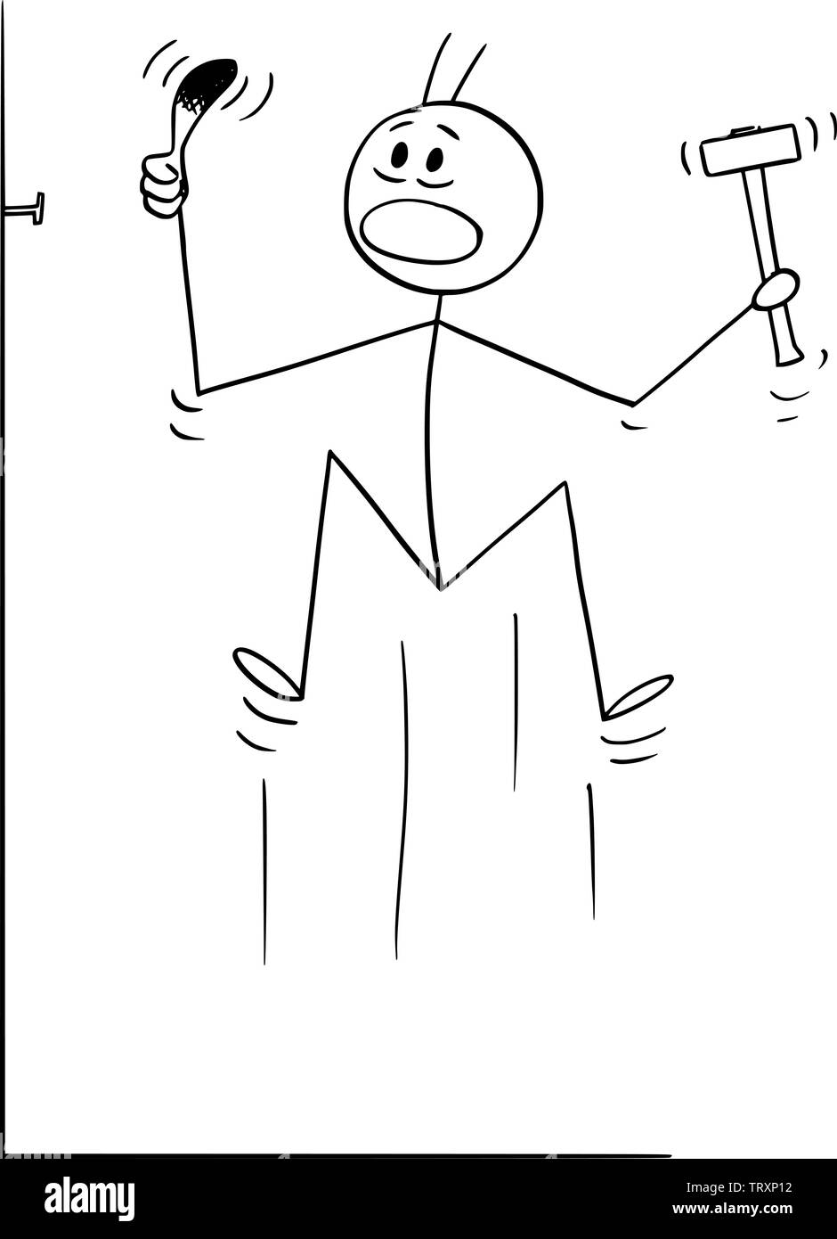 Vector cartoon stick figure dessin illustration conceptuelle de l'homme qui est touché ou le pouce tout en martelant, conduire ou frapper un clou. Illustration de Vecteur