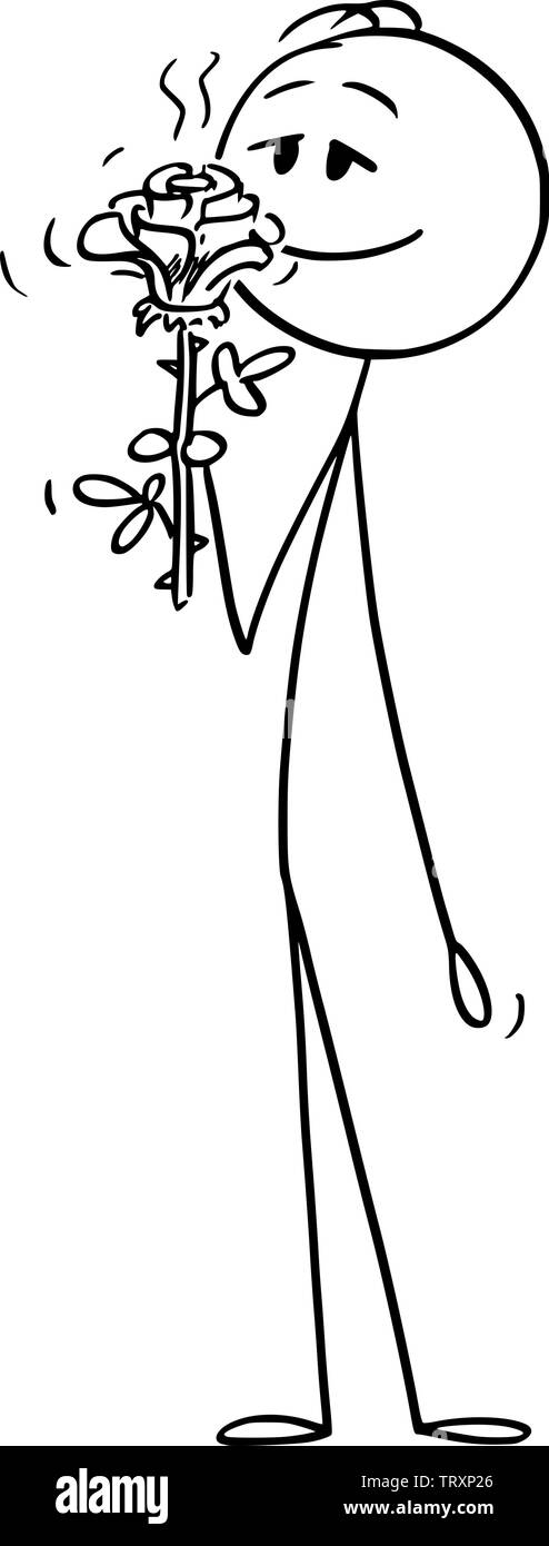 Vector cartoon stick figure dessin illustration conceptuelle de l'homme bénéficiant d'odeur de l'odeur agréable de fleur de rose. Illustration de Vecteur