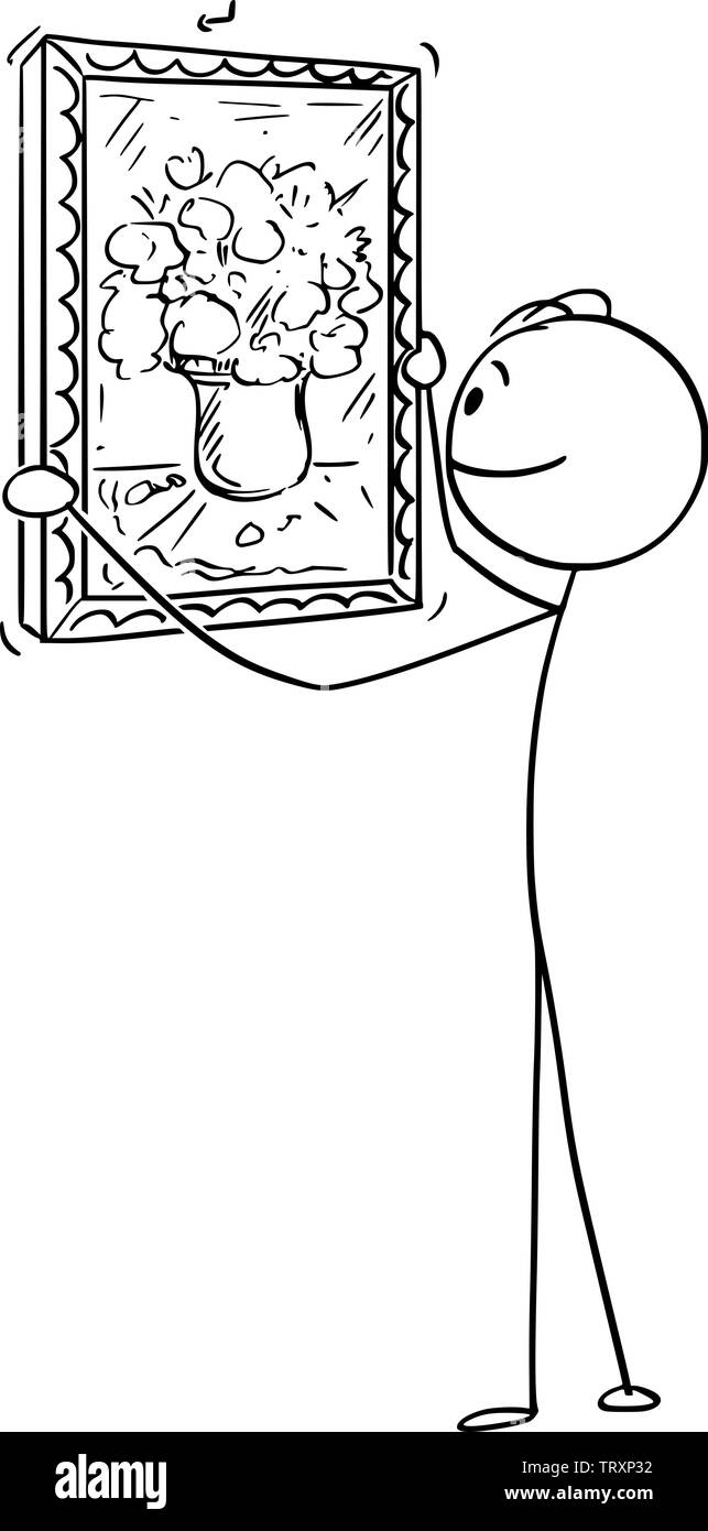 Vector cartoon stick figure dessin illustration conceptuelle de l'homme peinture suspendus de fleurs dans un vase peint sur toile sur le mur à l'intérieur. Illustration de Vecteur