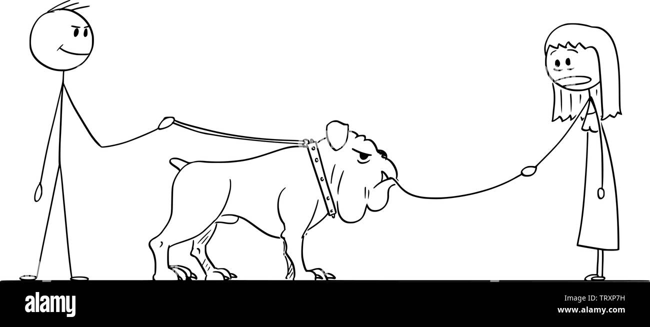 Vector cartoon stick figure dessin illustration conceptuelle de l'homme avec un grand chien en laisse qui mangent ou dévorent les petits chiens dirigé par femme. Illustration de Vecteur