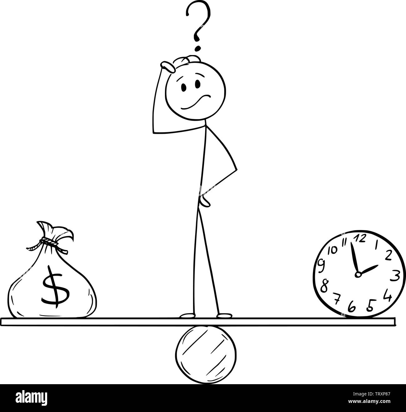 Vector cartoon stick figure dessin illustration conceptuelle de l'homme ou businessman standing on bascule entre l'horloge et sac avec symbole du dollar et de l'équilibre entre l'argent et du temps. Illustration de Vecteur