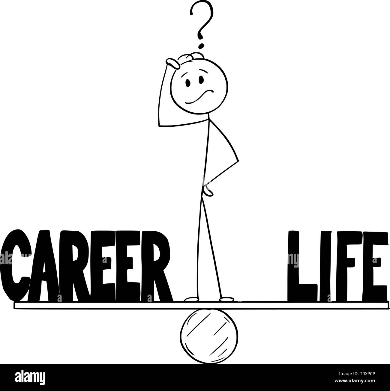 Vector cartoon stick figure dessin illustration conceptuelle de l'homme ou Homme pensant et debout sur la balançoire et l'équilibre entre carrière et vie. Illustration de Vecteur