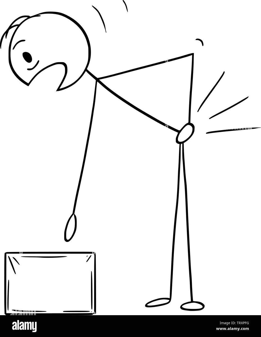 Vector cartoon stick figure dessin illustration conceptuelle de l'homme qui est blessé au dos en soulevant ou transporter la boîte. De dos ou de maux de dos concept. Illustration de Vecteur