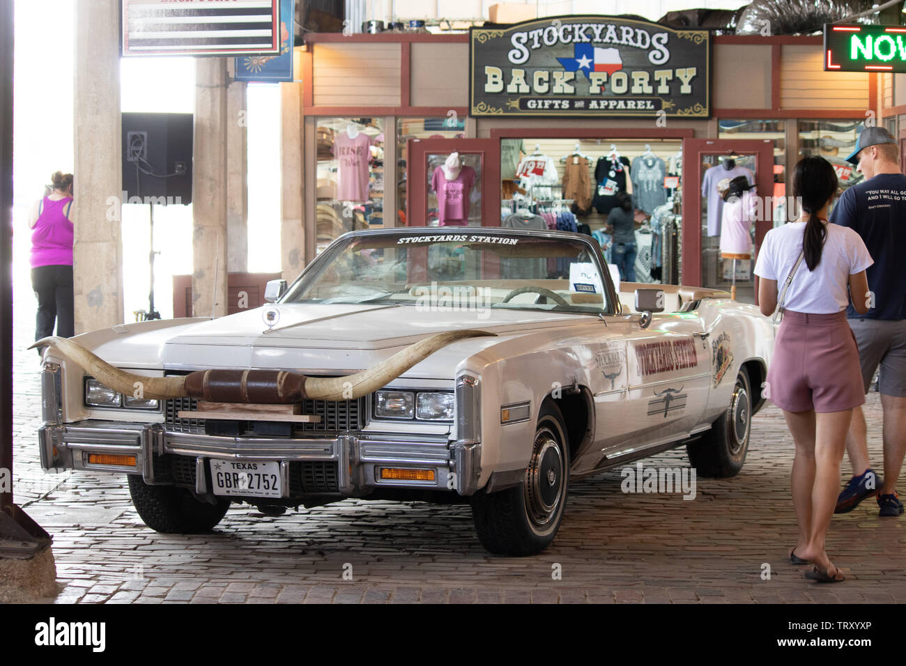 Une voiture américaine classique avec des cornes attachées à la calandre à l'affiche au Fort Worth Stockyards historic district Banque D'Images