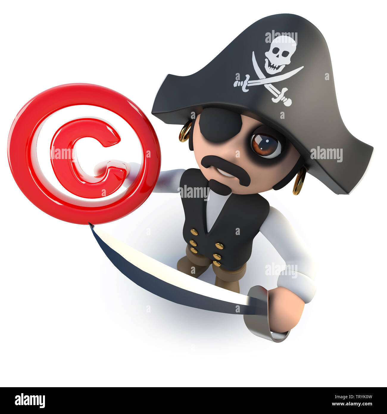 3D render of a funny cartoon capitaine pirate tenant un symbole de copyright Banque D'Images