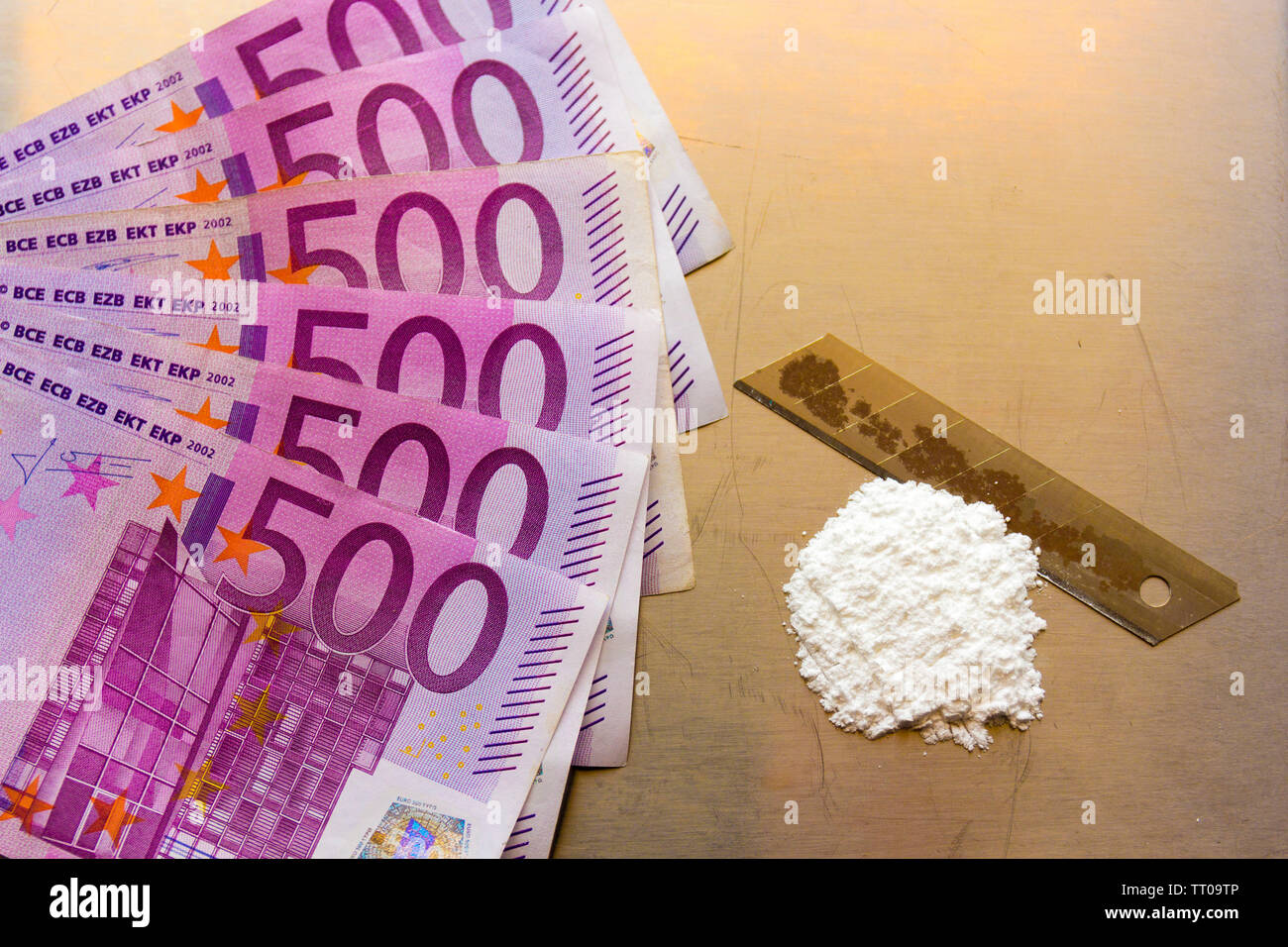L'argent et la cocaïne, 500 euro Banque D'Images