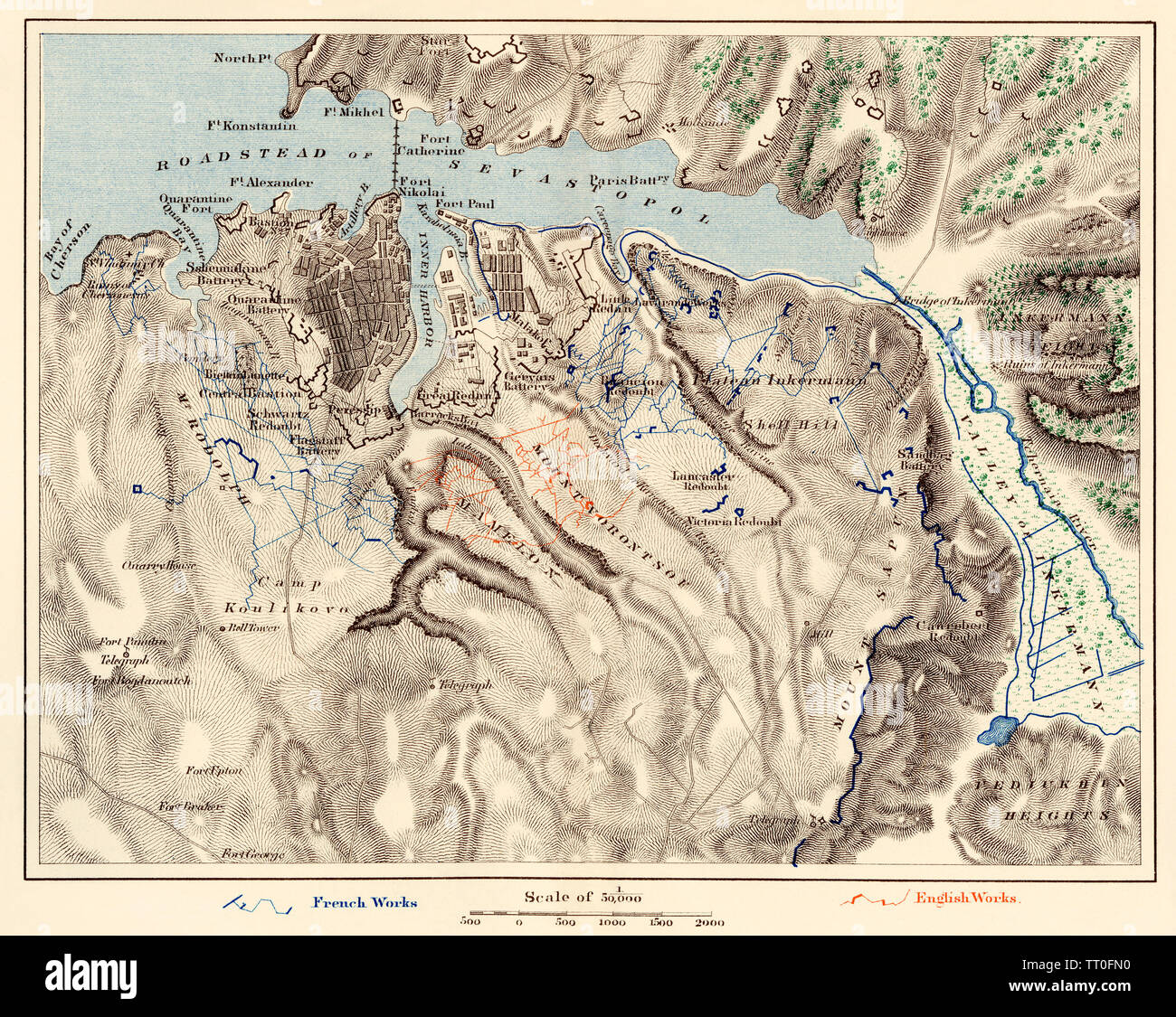 Carte de Sébastopol, guerre de Crimée, 1854-1855. Lithographie couleur Banque D'Images