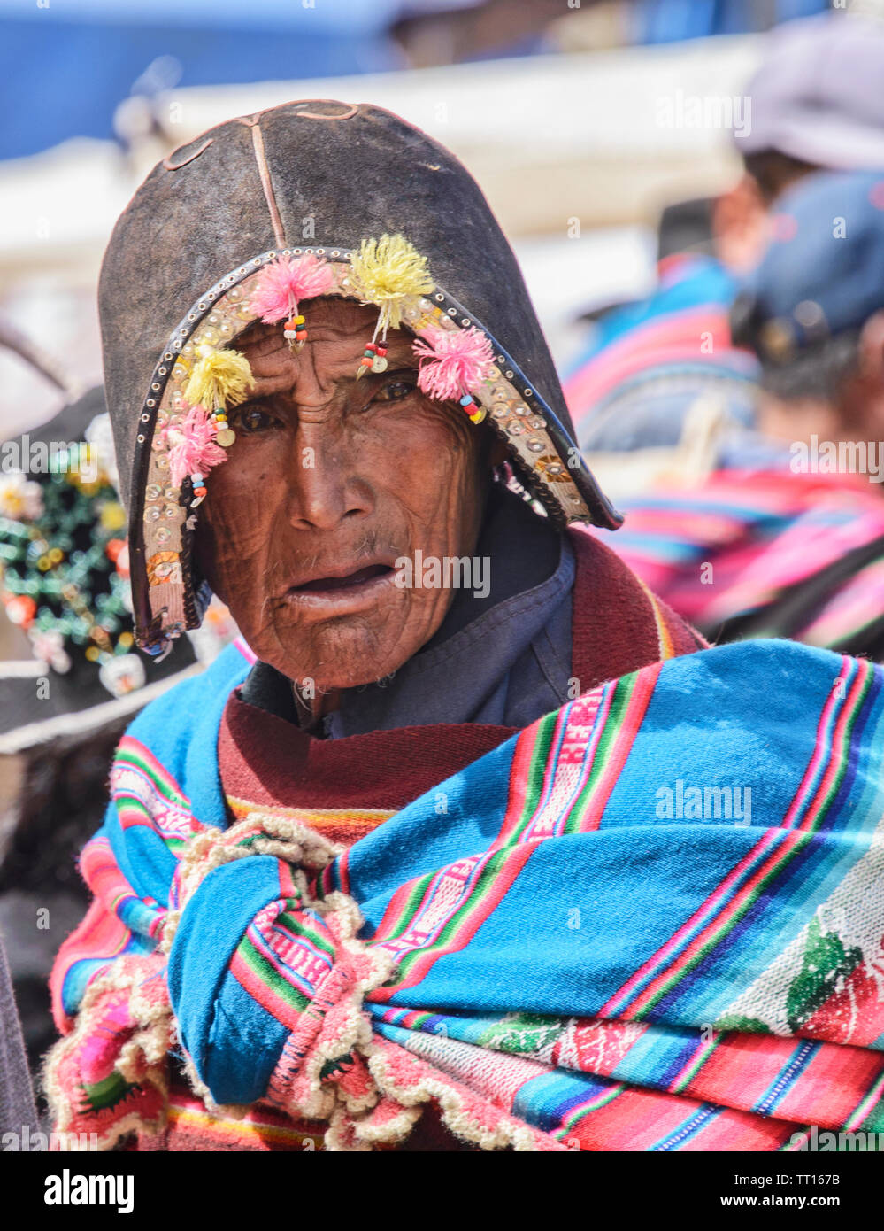 Homme Yampara traditionnel avec cuir, la Bolivie Tarabuco Banque D'Images