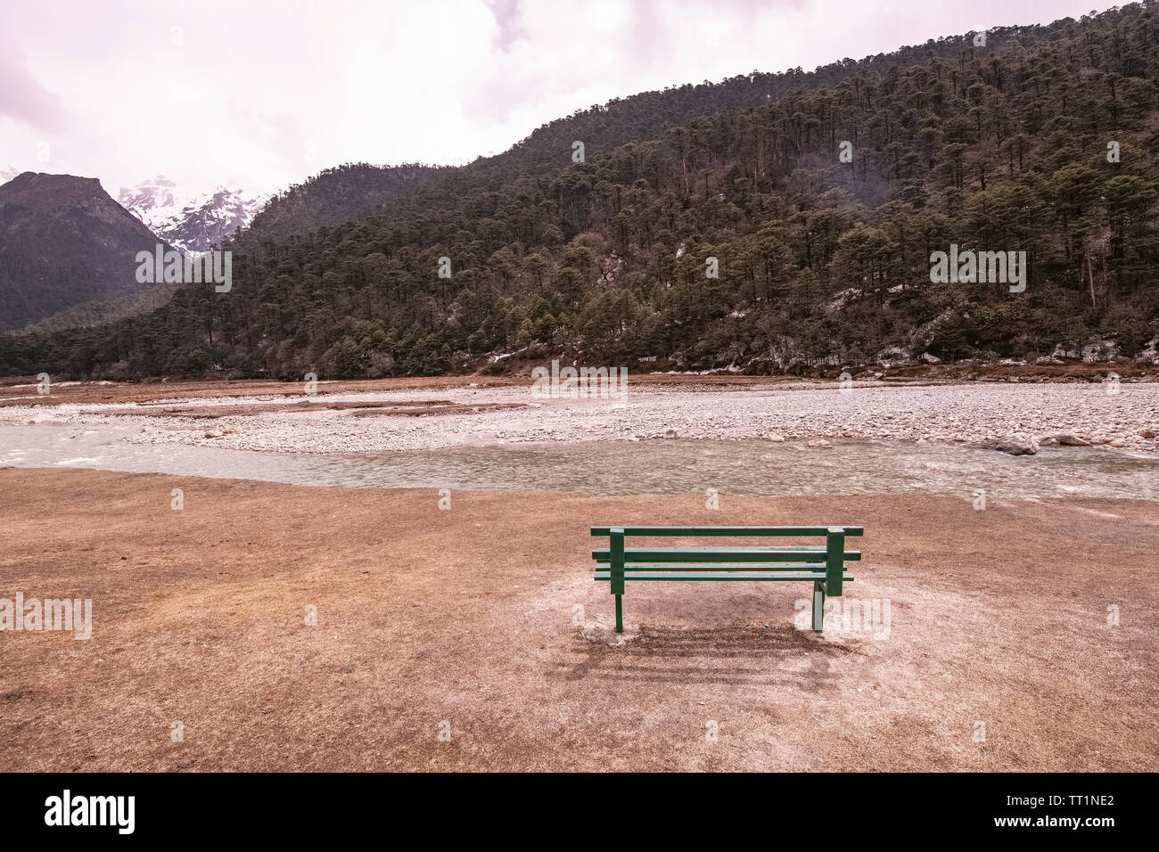 Lachung chu(rivière),qui s'écoule doucement,partout,,Yumthang valley,au milieu,la neige ,boisées ,collines enneigées,gris-rouge,haute,talus,le nord du Sikkim, Inde. Banque D'Images