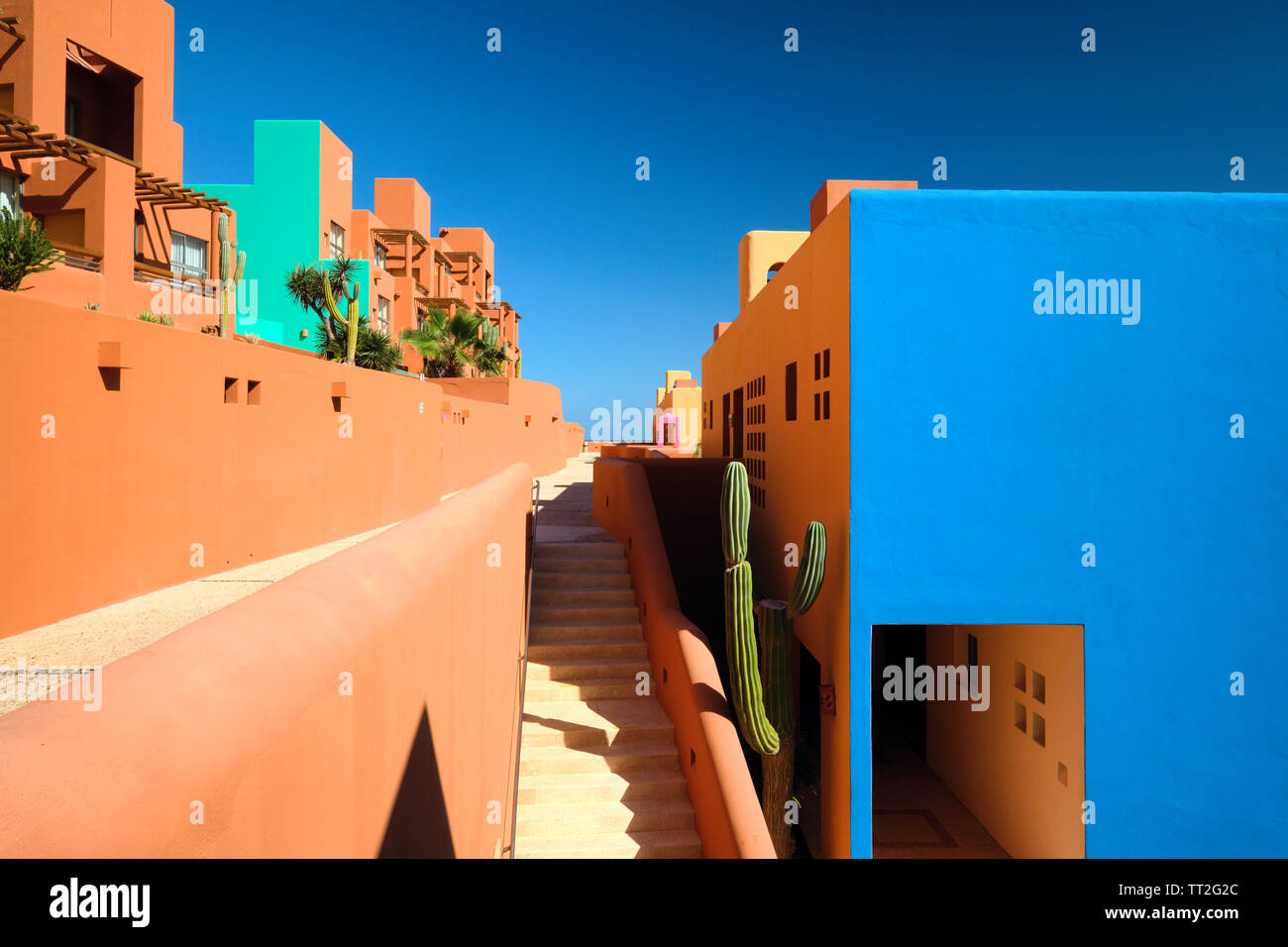 Vue de l'extérieur des bâtiments colorés de style adobe, Cabo San Lucas, Baja California Sur, Mexique Banque D'Images