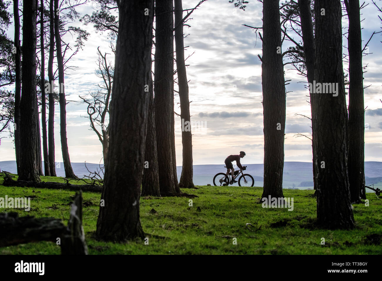 Un homme monte un touring bike off road dans le Parc National de Northumberland. Banque D'Images