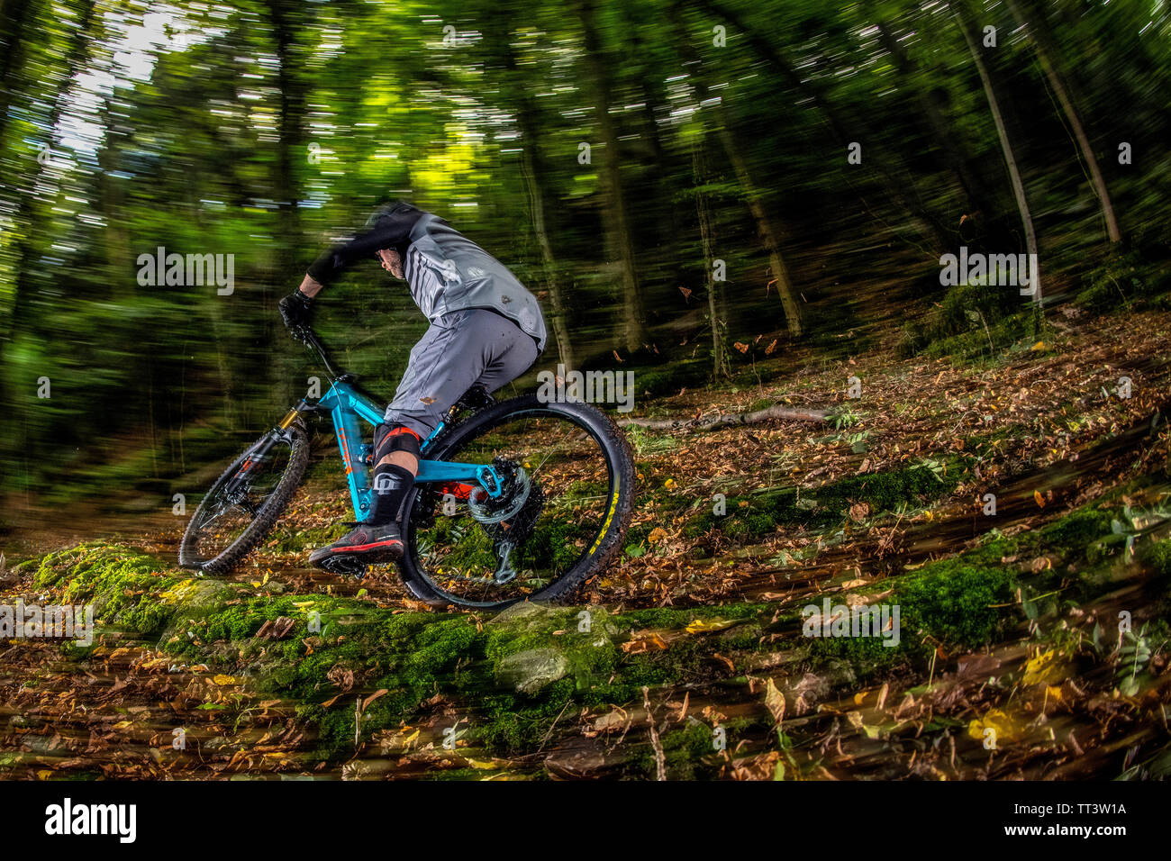 Un homme monte un VTT à la vitesse sur un sentier entre forêt près de la ville de Bristol dans le sud-ouest de l'Angleterre. Banque D'Images