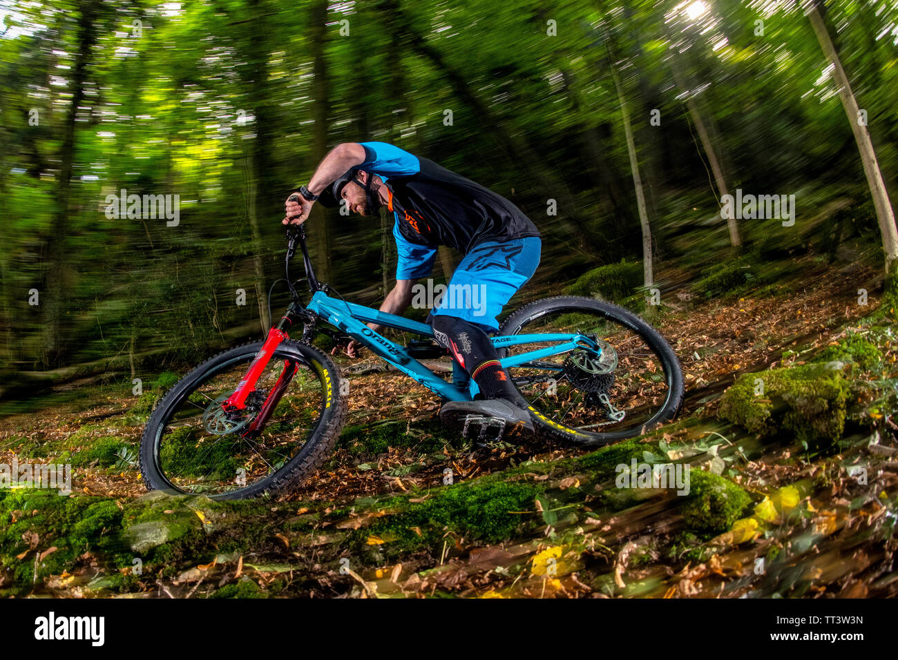 Un homme monte un VTT à la vitesse sur un sentier entre forêt près de la ville de Bristol dans le sud-ouest de l'Angleterre. Banque D'Images