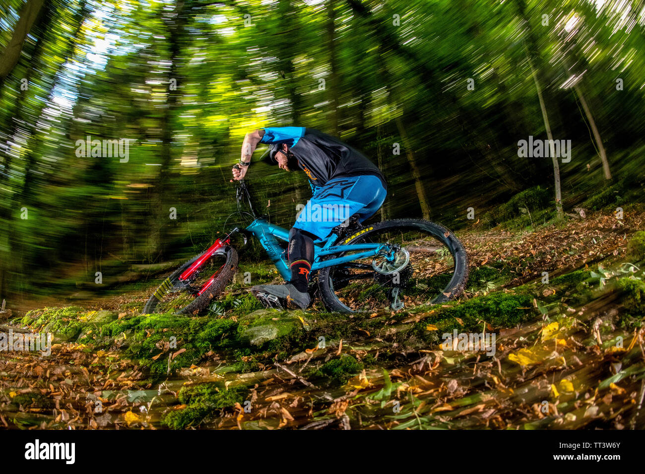 Un homme monte un VTT à la vitesse sur un sentier entre forêt près de la ville de Bristol dans le sud-ouest de l'Angleterre. Banque D'Images