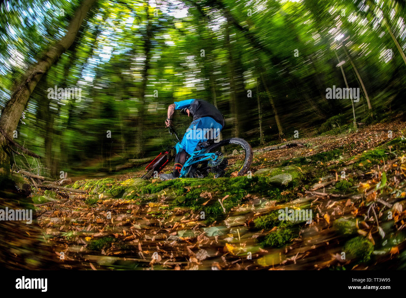 Un homme monte un VTT à la vitesse sur un sentier entre forêt près de la ville de Bristol dans le sud-ouest de l'Angleterre. Banque D'Images