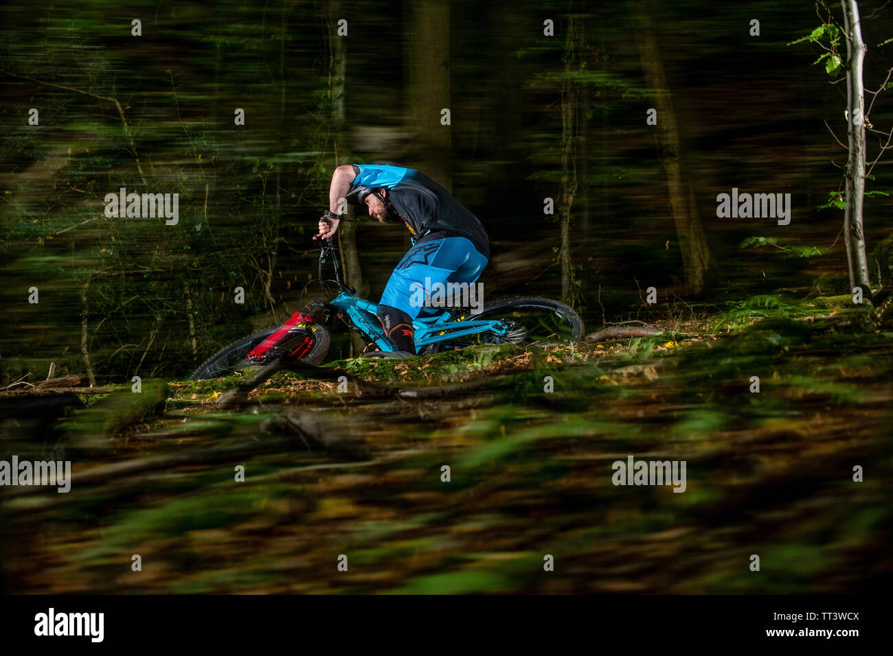 Un homme monte un VTT à la vitesse sur un sentier entre forêt près de la ville de Bristol dans le sud-ouest de l'Angleterre. Banque D'Images