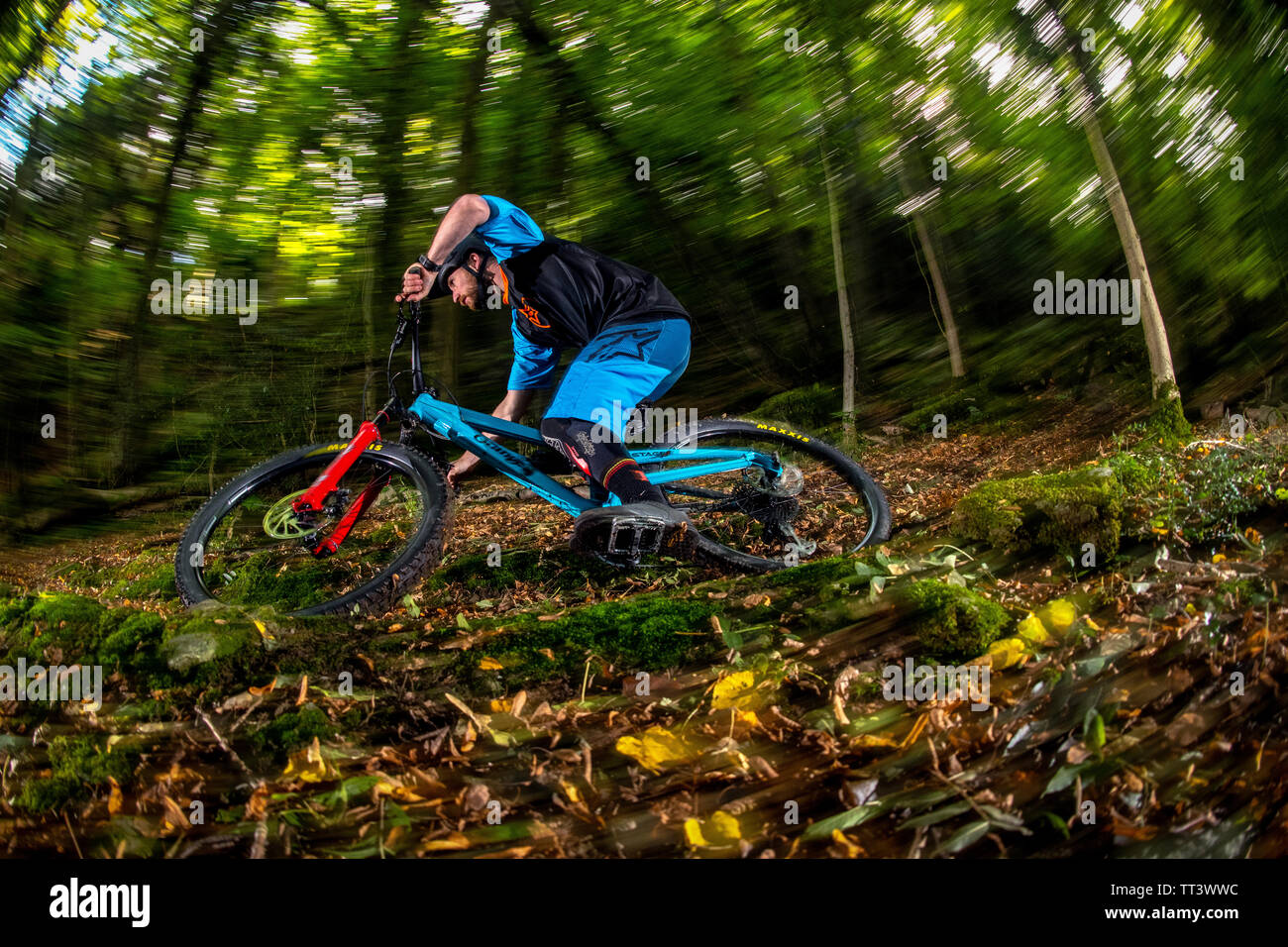 Un homme monte un VTT à la vitesse sur un sentier entre forêt près de la ville de Bristol dans le sud-ouest de l'Angleterre. Banque D'Images