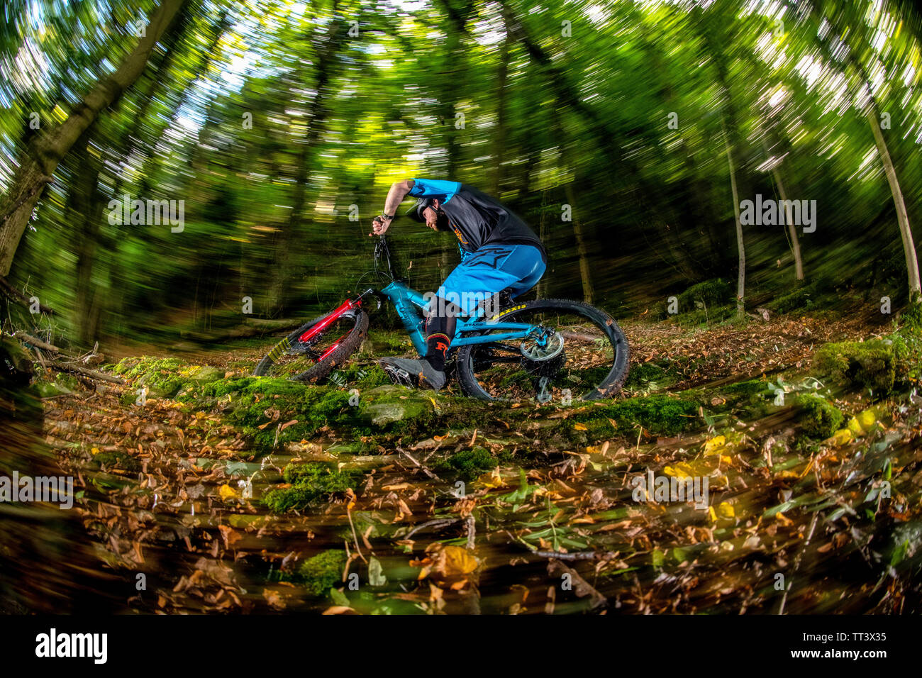 Un homme monte un VTT à la vitesse sur un sentier entre forêt près de la ville de Bristol dans le sud-ouest de l'Angleterre. Banque D'Images