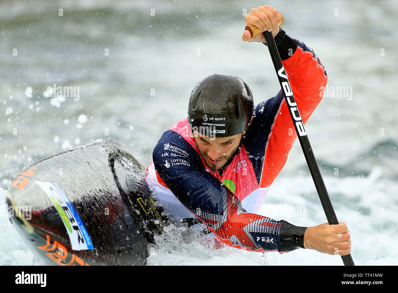 Londres, Royaume-Uni. 14 Juin, 2019. Ryan Westley de Grande-bretagne en action au cours de la Men's Slalom. 2019 Coupe du monde de slalom en canoë, le premier jour de l'événement au Lee Valley white water centre à Londres, le vendredi 14 juin 2019. Photos par Steffan Bowen/Andrew Orchard la photographie de sport/Alamy live news Crédit : Andrew Orchard la photographie de sport/Alamy Live News Banque D'Images