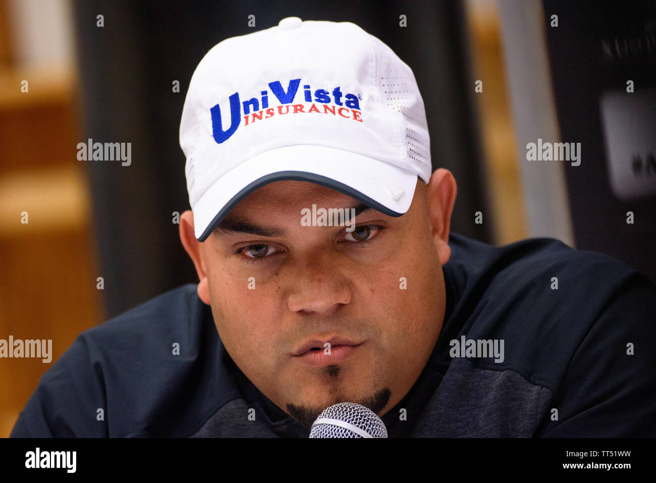 RIGA, Lettonie. 13 juin 2019. LOUIS FONSECA, au cours de conférence de presse avant le prochain super série demi-finale de boxe lutte entre Yunier Dorticos et Andrew Tabiti. Banque D'Images