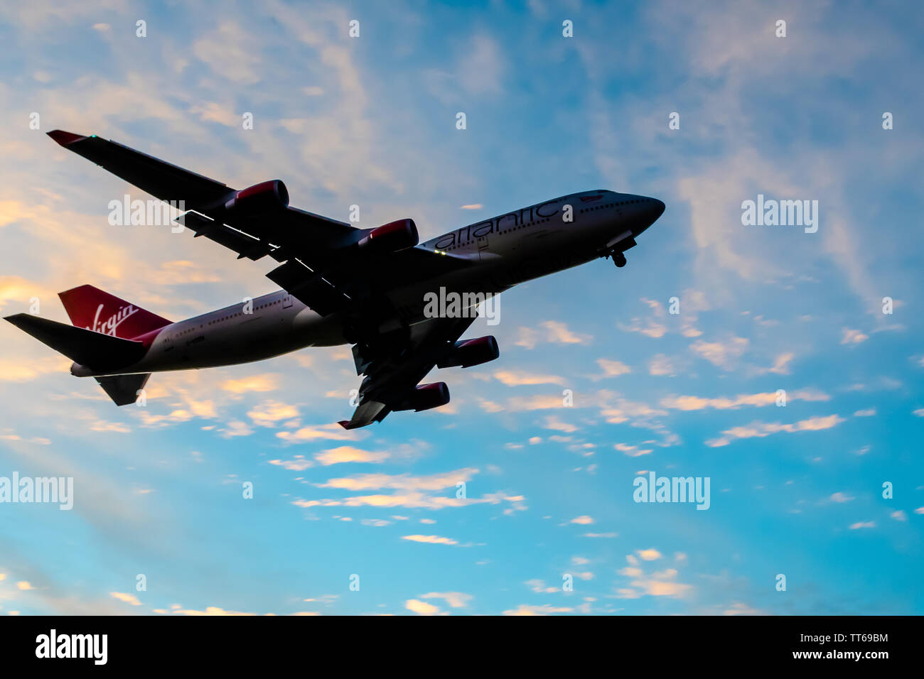 Montego Bay, Jamaïque - 21 mai 2019 - Virgin Atlantic Airlines Boeing 747-443 appareil décoller de Sangster International (MBJ) aéroport Banque D'Images