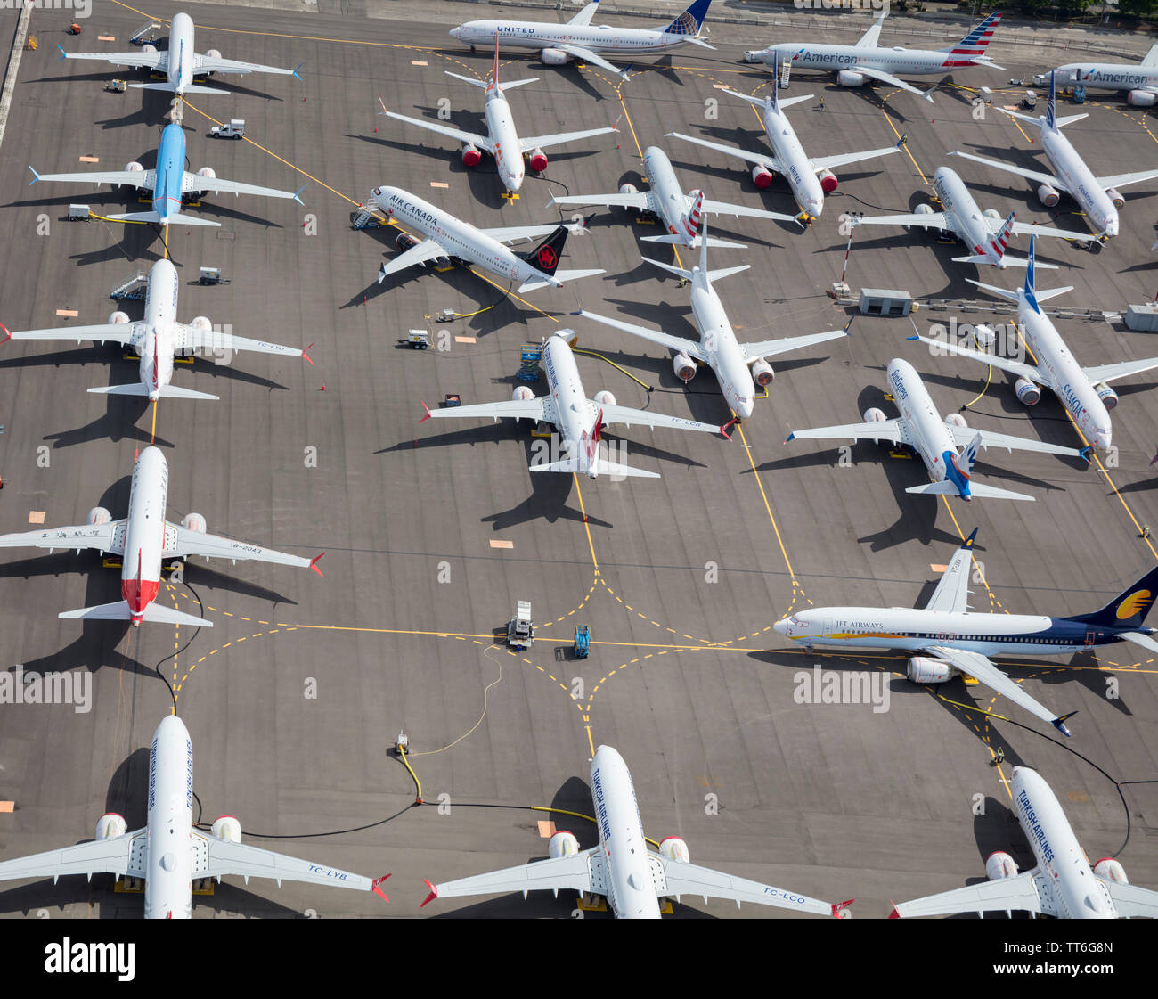 Juin 2019 : Boeing 737 MAX à la terre aux aéronefs Boeing Field usine près de Seattle, Washington, USA, au cours de la crise provoquée par les logiciels dangereux Banque D'Images