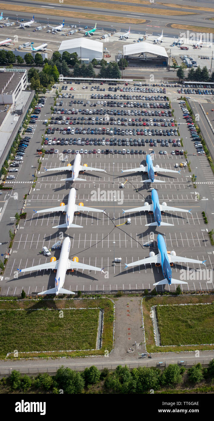 Juin 2019:le débordement d'IcelandAir et Tui Boeing 737 MAX à la terre aux aéronefs Boeing Field usine près de Seattle sur de parking, Washington, USA Banque D'Images
