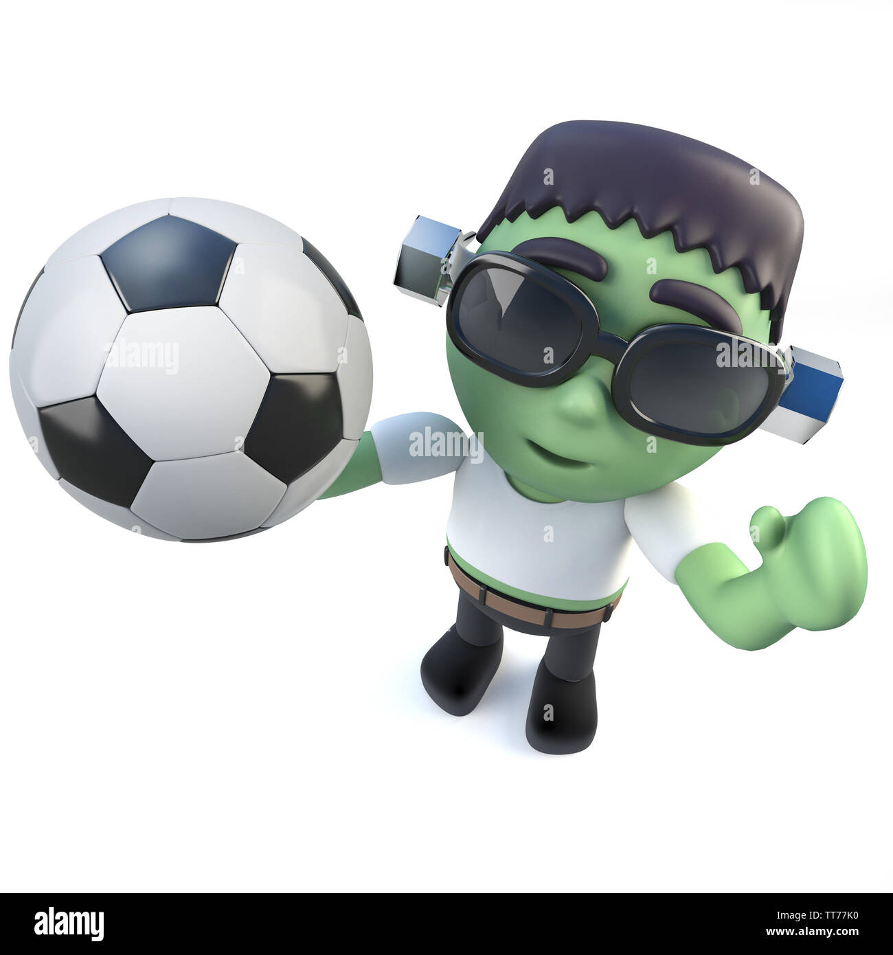 3D render of a funny cartoon monstre Frankenstein tenant un ballon de soccer Banque D'Images