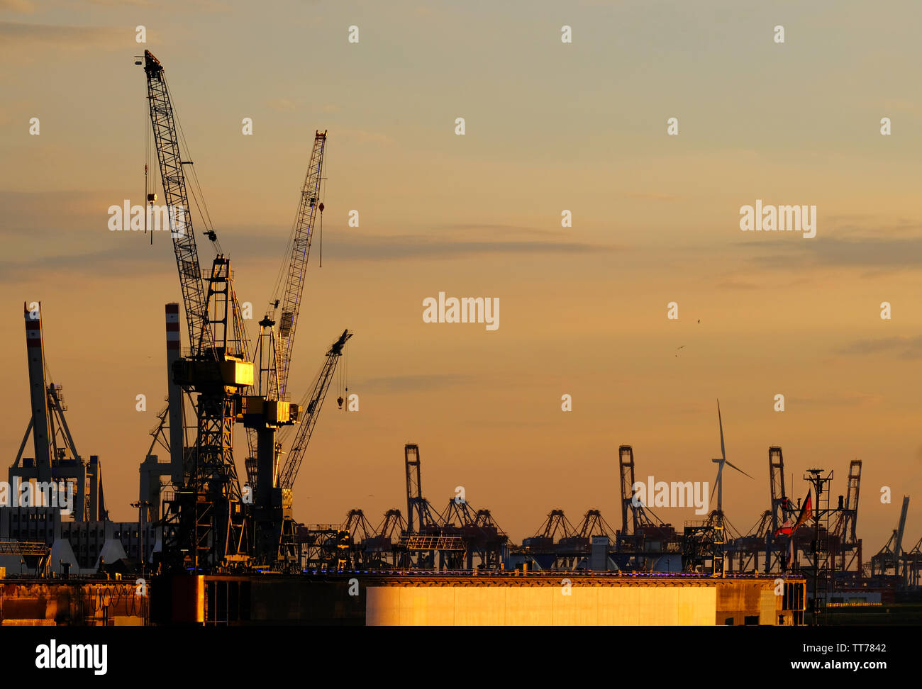 Grues de quai commercial contre le coucher du soleil Banque D'Images