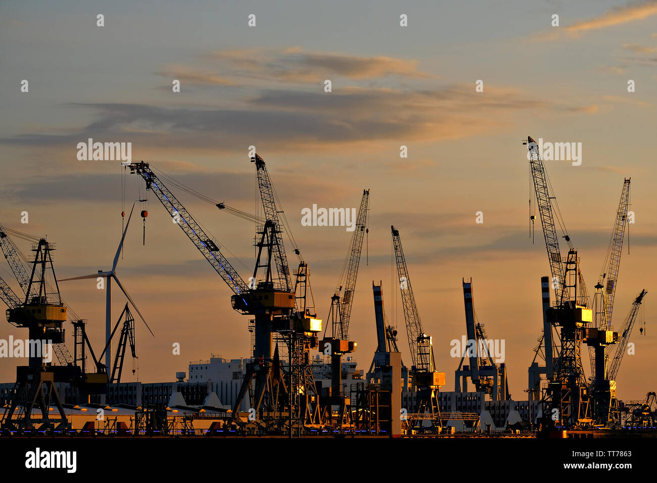 Grues de quai commercial contre le coucher du soleil Banque D'Images