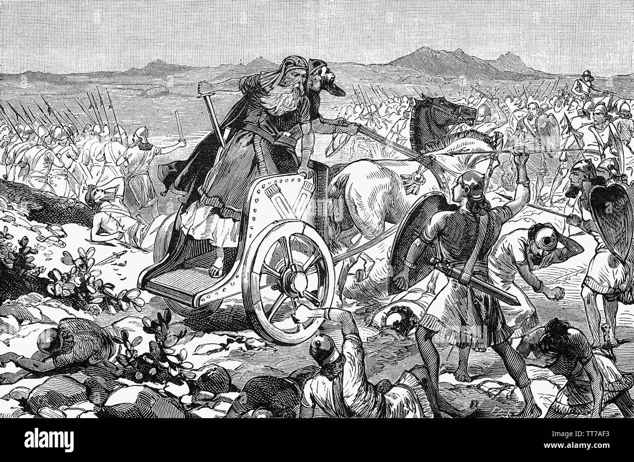 La défaite de l'Adonizedek, roi de Jérusalem au moment de l'invasion israélite de Canaan après leur sortie d'Egypte C. 1400 BC. Il a dirigé une coalition de cinq dirigeants de l'Amoréen voisins dans la résistance à l'invasion, mais ils ont été battus à Gabaon, au nord de Jérusalem. Les cinq rois alliés ont trouvé refuge dans une caverne à Makkéda et ont été emprisonnés là jusqu'après la bataille, quand Josué commanda qu'elles soient portées devant lui ; après quoi ils ont été mis en lumière, humilié, et mis à mort. Banque D'Images