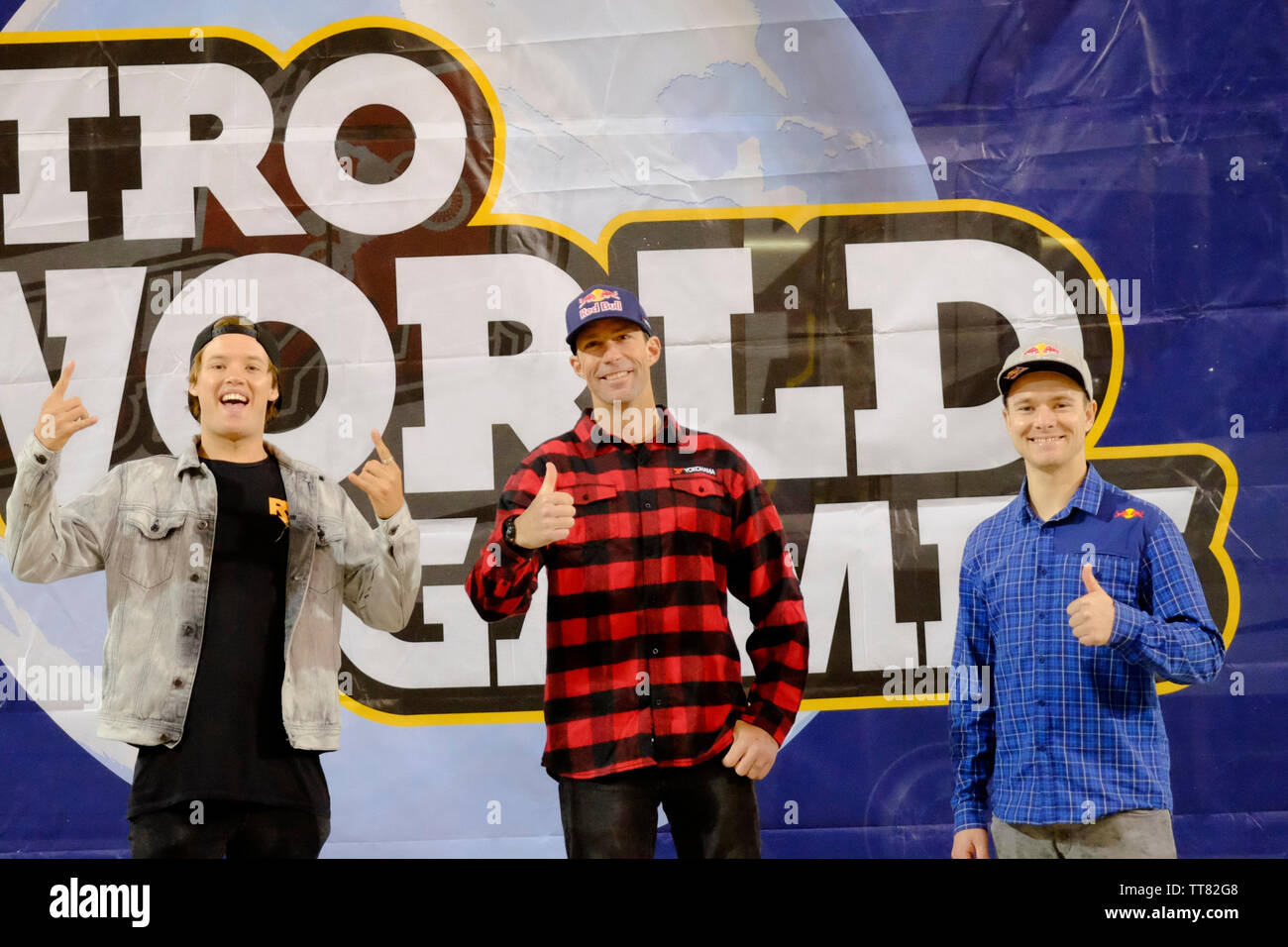 Conférence de presse Jeux Monde Nitro st la Principauté Stadium. Ryan Williams, Travis Pastrana et Levi Sherwood Banque D'Images