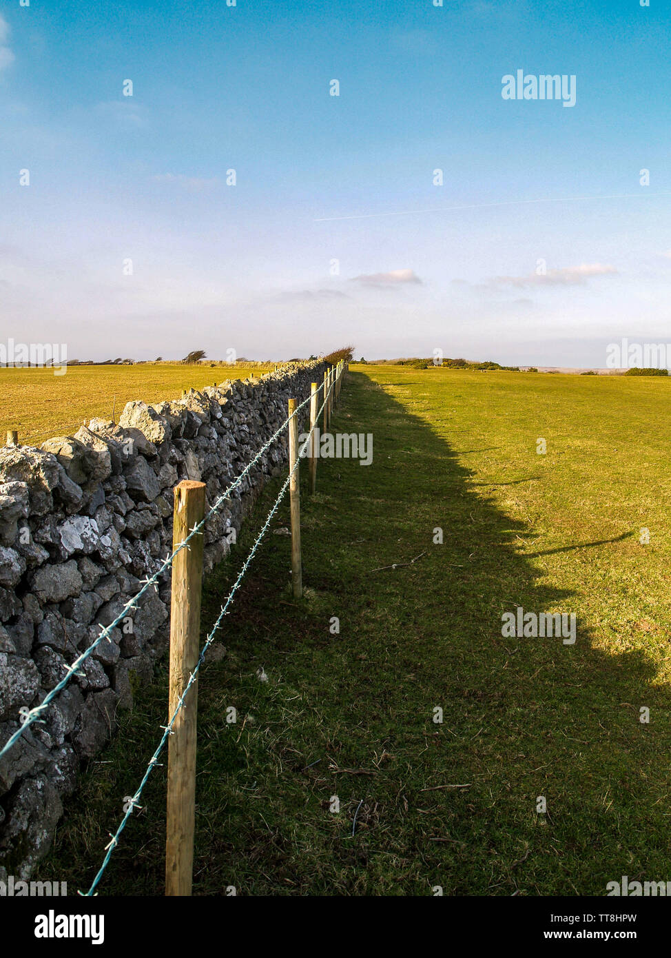 Barbelés et mur de pierre avec ombre sur terrain et de ciel bleu. Près de Oxwich Point, Oxwich Bay, Gower, Pays de Galles, Royaume-Uni. Banque D'Images