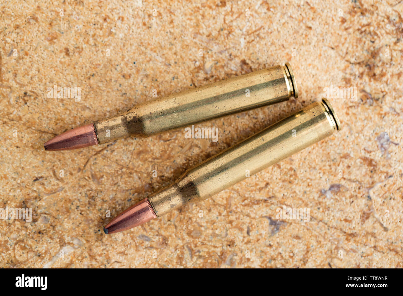 Deux cartouches de fusil à percussion centrale .270 Winchester à nez avec des balles. Le .270 Winchester cartouche a été développé par la répétition Winchester Arms Banque D'Images