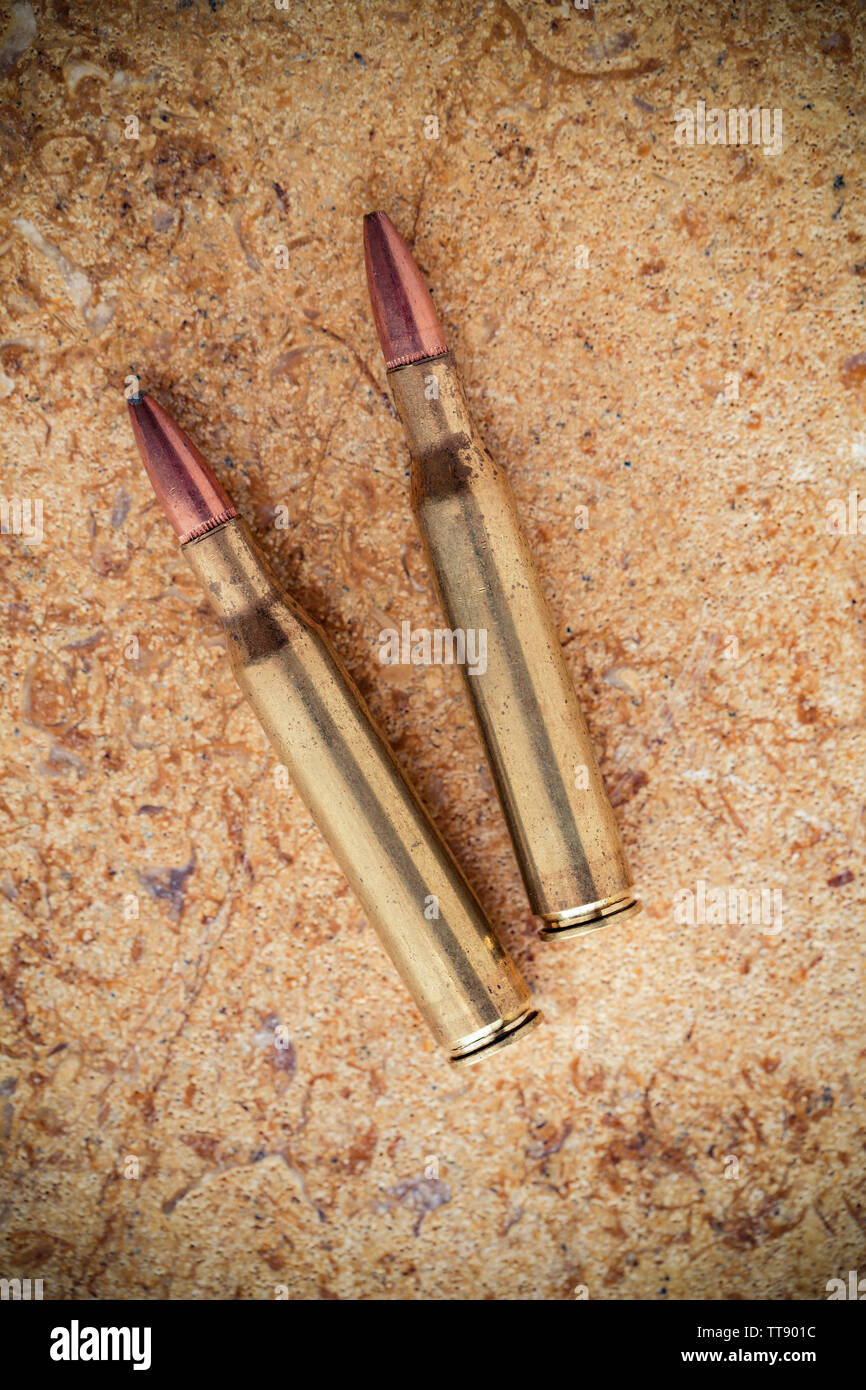 Deux cartouches de fusil à percussion centrale .270 Winchester à nez avec des balles. Le .270 Winchester cartouche a été développé par la répétition Winchester Arms Banque D'Images