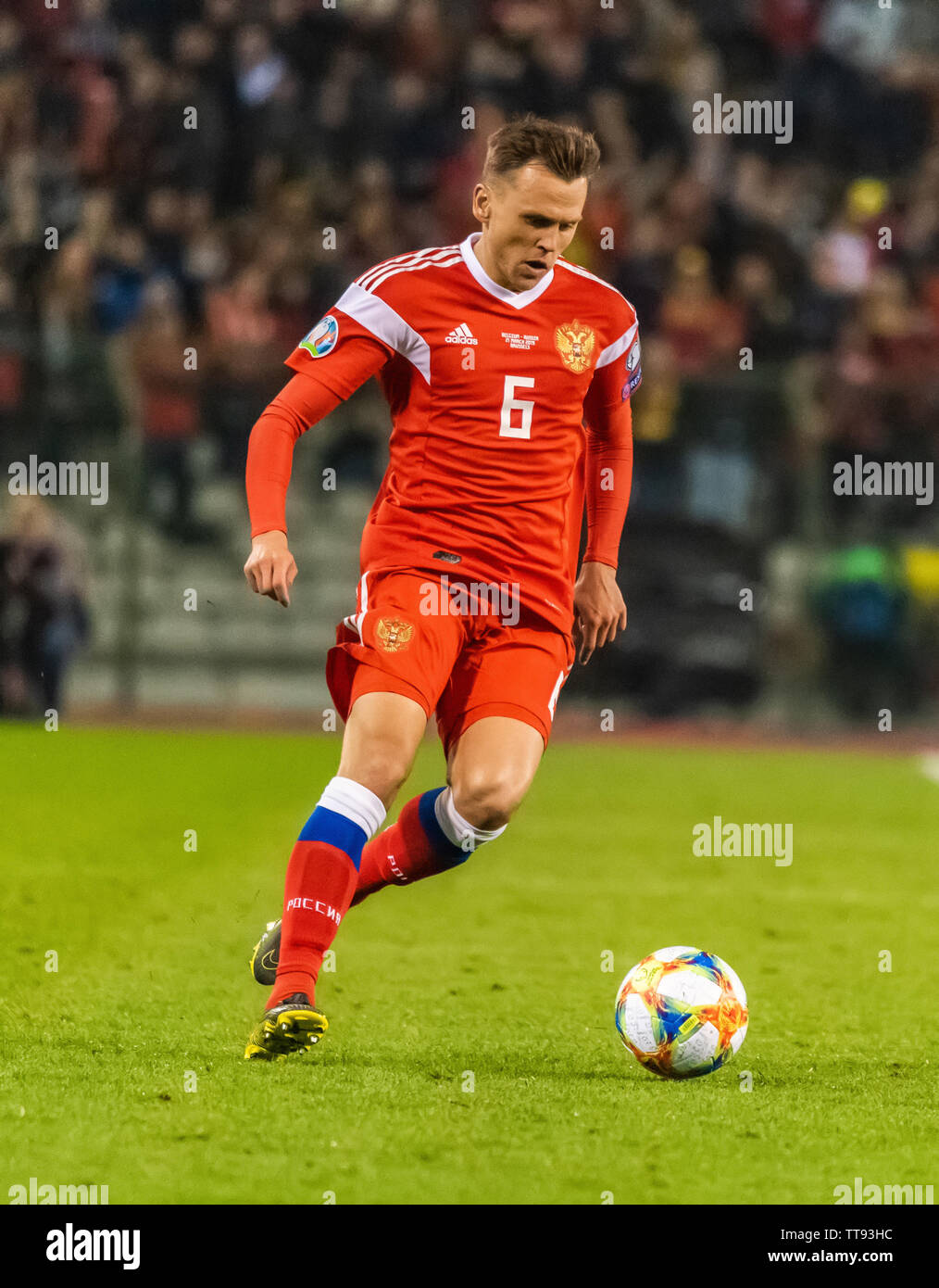 Bruxelles, Belgique - le 21 mars 2019. L'ailier de l'équipe nationale de football de la Russie Denis Cheryshev pendant l'UEFA Euro 2020 match de qualification contre la Russie Belgique je Banque D'Images