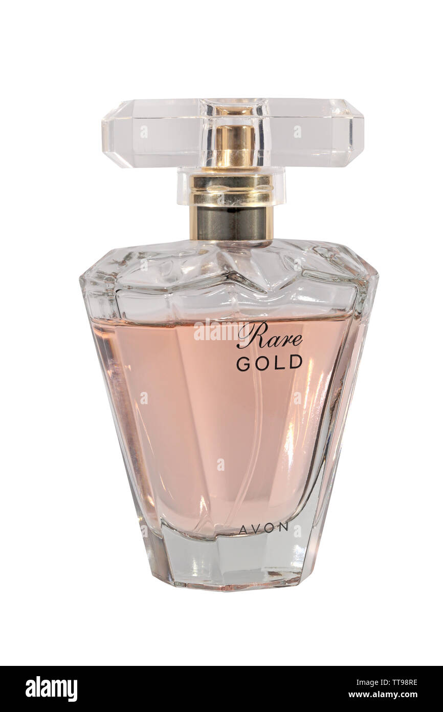 Rare en or Avon parfum dans un flacon en verre clair isolé sur fond blanc Banque D'Images